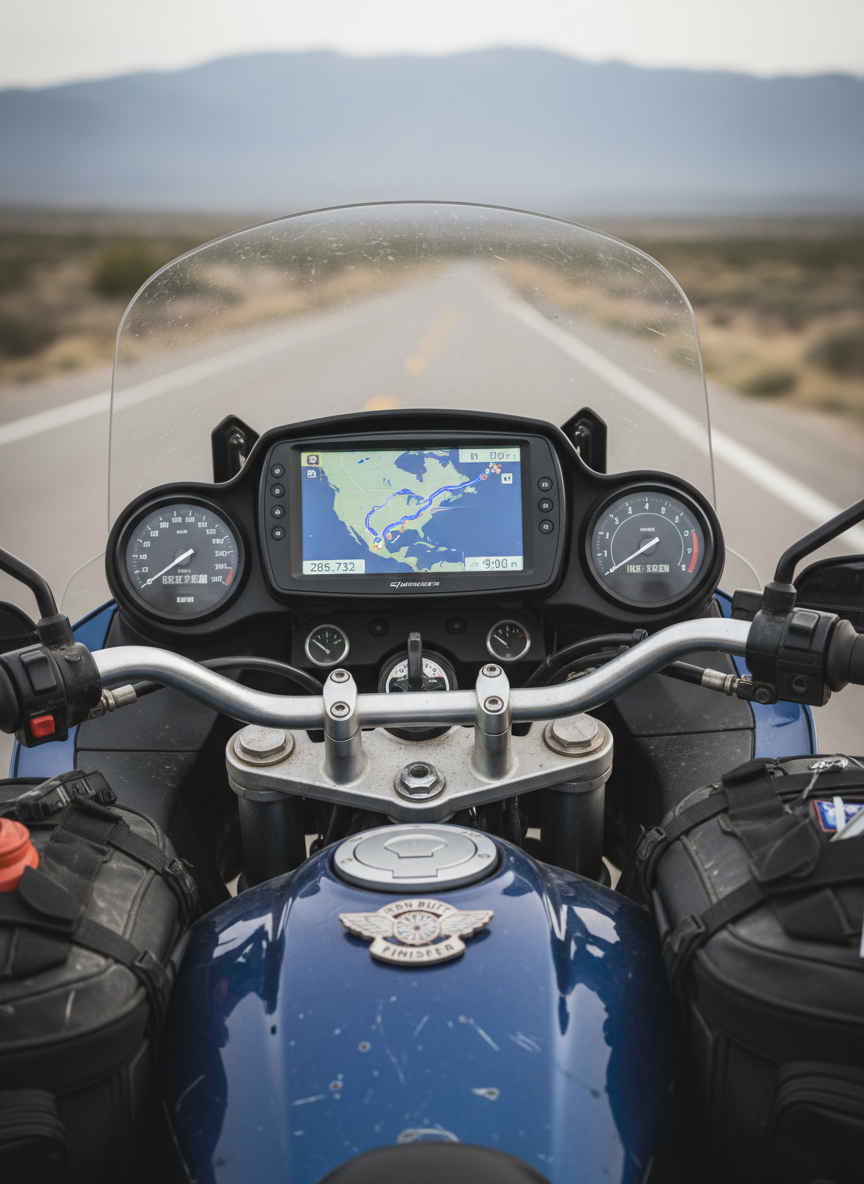 A close-up, photographic image of a long-distance touring motorcycle dashboard, showing an illuminated GPS route of North America, analog gauges with high mileage readings, and a small logo badge for a grueling motorcycle challenge mounted near the handlebars. The bike’s tank is a deep metallic blue with subtle scratches and road wear, framed by rugged tank bags. Soft, overcast daylight filters across the cockpit, reducing glare on the screens while highlighting textures of rubber grips and brushed metal. Shot from the rider’s perspective with shallow depth of field, the background highway and distant landscape blur into bokeh, creating a focused, professional, and determined mood fitting a serious endurance ride.
