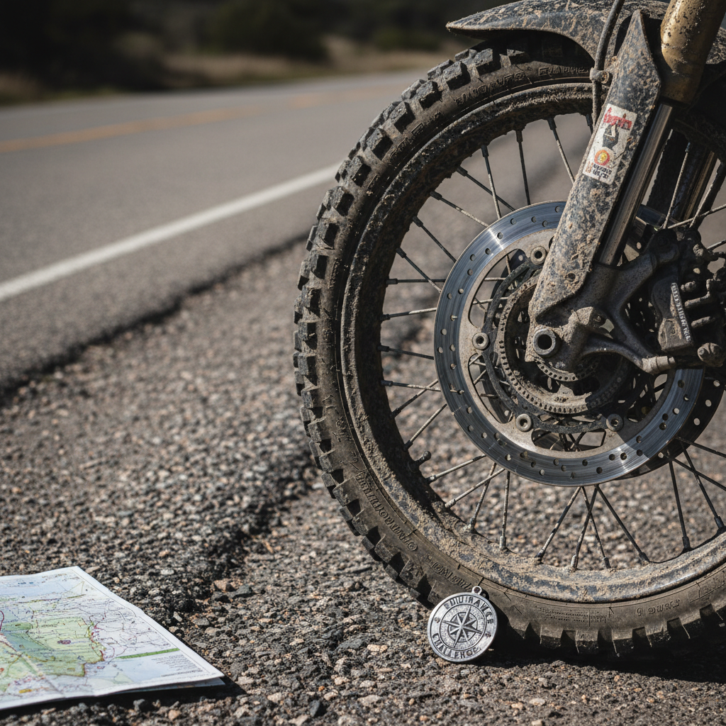 A close-up, side-on photographic view of a front motorcycle wheel and fender coated in a thin layer of dried mud and road grime, positioned on a cracked, weather-beaten stretch of highway shoulder. Small challenge route decals are visible on the fender, partially obscured by dirt. The ground is scattered with tiny gravel, a folded paper map corner peeking into frame, and a reflective challenge medallion resting near the tire. Harsh midday sun creates strong, directional light that casts crisp shadows and highlights every texture in the rubber, metal, and grit. Shot with shallow depth of field, the background road and scrubland fade into blur, capturing a raw, demanding, and highly professional endurance-riding aesthetic.