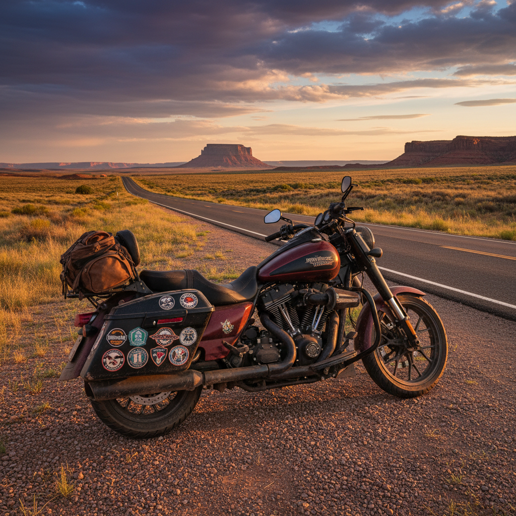 A powerful touring motorcycle seen from a low, three-quarter angle as it leans slightly on its kickstand at the edge of a long, desolate road crossing a Native American reservation landscape. The bike’s saddlebags are packed and adorned with small embroidered patches commemorating previous endurance rides. The surrounding terrain features vast grasslands, subtle red rock formations, and a distant, solitary butte under a dramatic sky with layered clouds. Early evening light provides a soft, golden rim along the bike’s silhouette, while the foreground remains crisply detailed. The photographic realism emphasizes texture in the tires and dust on the fairings, capturing a respectful, contemplative, and challenging atmosphere that honors the scale of the journey.