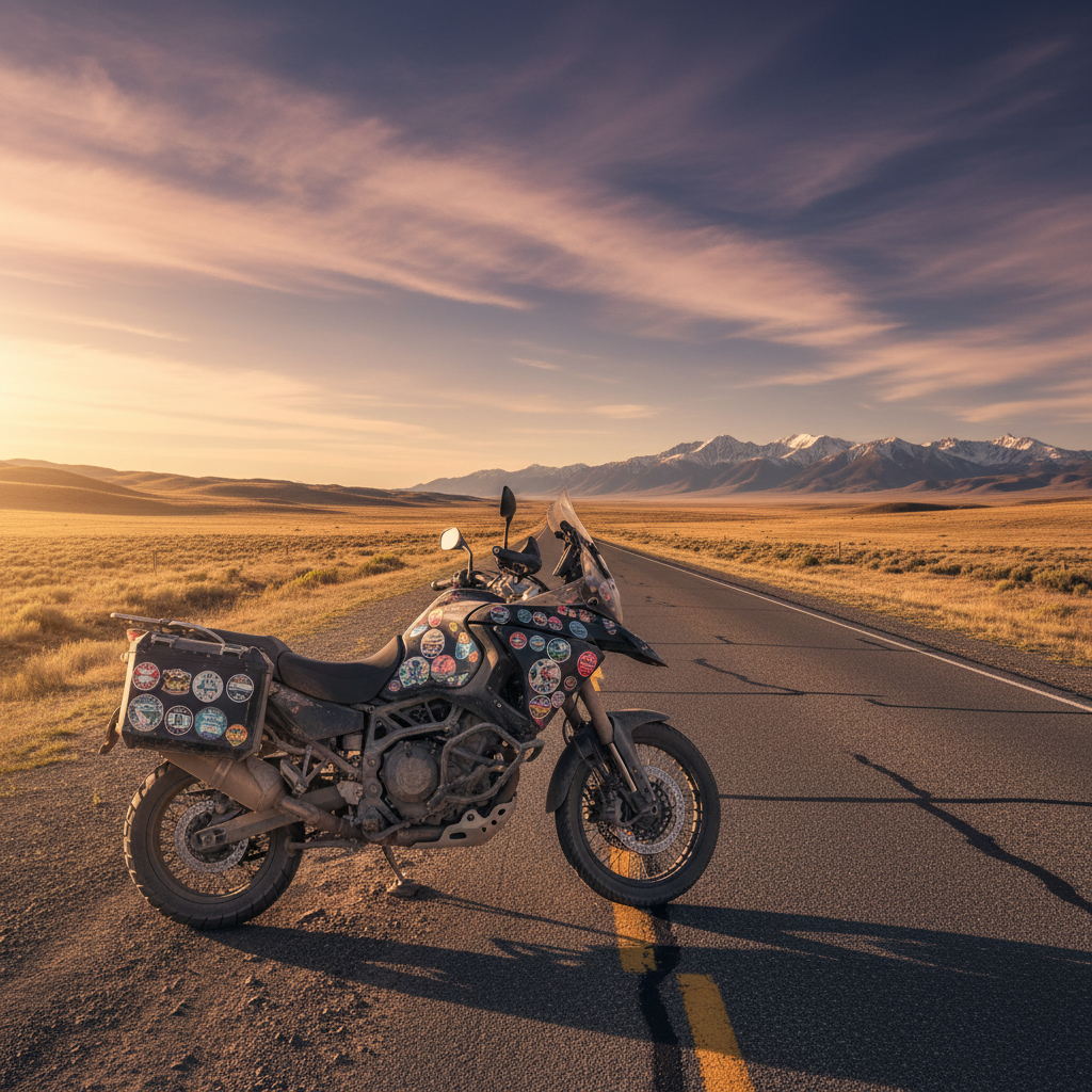 A rugged adventure touring motorcycle, its matte black fairings covered in detailed route stickers and dust from thousands of miles, is parked beside a long, empty two-lane highway that disappears into distant mountains. The asphalt bears faint yellow center lines, and the surrounding landscape is wide open prairie under a vast sky. Late afternoon golden-hour sunlight casts long, crisp shadows and creates a warm sheen on the metal and chrome. Photographic realism with an eye-level composition, using the rule of thirds to place the motorcycle prominently in the foreground while the road leads the eye toward the horizon, conveying endurance, purpose, and a professional long-distance challenge atmosphere.