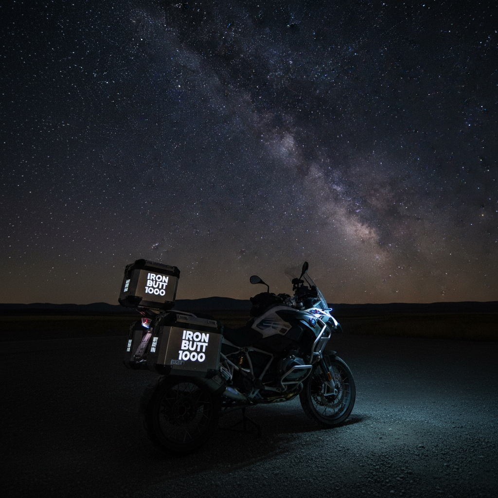 A nighttime photographic scene of a long-distance motorcycle parked under an immense canopy of stars at a remote roadside turnout. The bike is loaded with hard panniers covered in reflective decals spelling out a major endurance challenge, which catch the soft glow of a small LED work light clipped to a pannier handle. The Milky Way arcs faintly overhead, while the horizon hints at low, rolling hills. Long exposure-style lighting reveals the motorcycle’s contours in gentle, cool highlights and deep shadows, creating a calm yet resolute mood. Framed at a slightly elevated angle to include both the machine and the expansive sky, the composition emphasizes solitude, commitment, and the vastness of the ride ahead.
