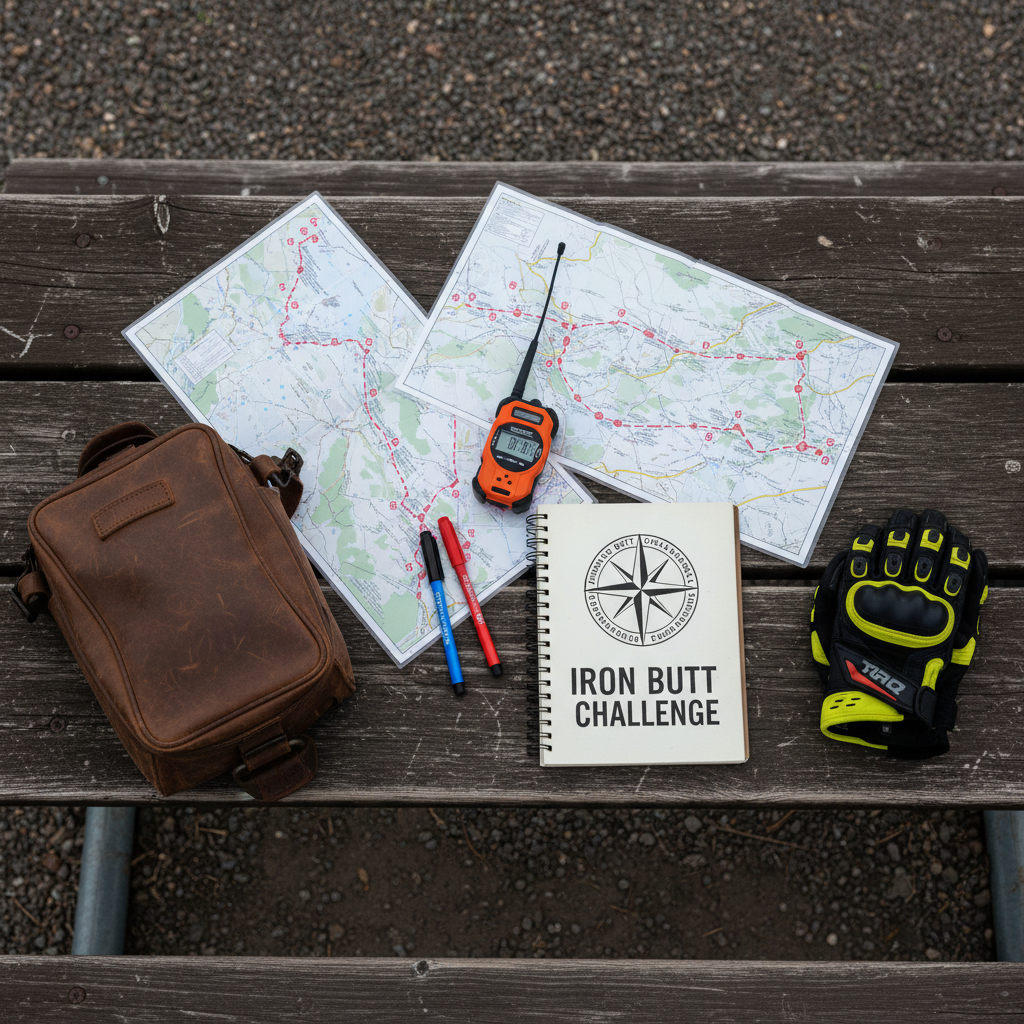 A detailed top-down, photographic scene of a meticulously organized support table for a motorcycle challenge, set on a weathered wooden picnic bench at a remote roadside pull-off. High-visibility route maps, a spiral-bound ride log labeled with the challenge name, waterproof markers, a digital stopwatch, and a rugged satellite tracker are carefully arranged beside a worn leather tank bag and a pair of reflective gloves folded neatly. Soft morning light from an overcast sky creates gentle, even illumination with faint shadows, emphasizing clarity and order. The composition uses asymmetrical balance, with sharp focus throughout, conveying professionalism, preparation, and the disciplined planning behind a cross-country ride.
