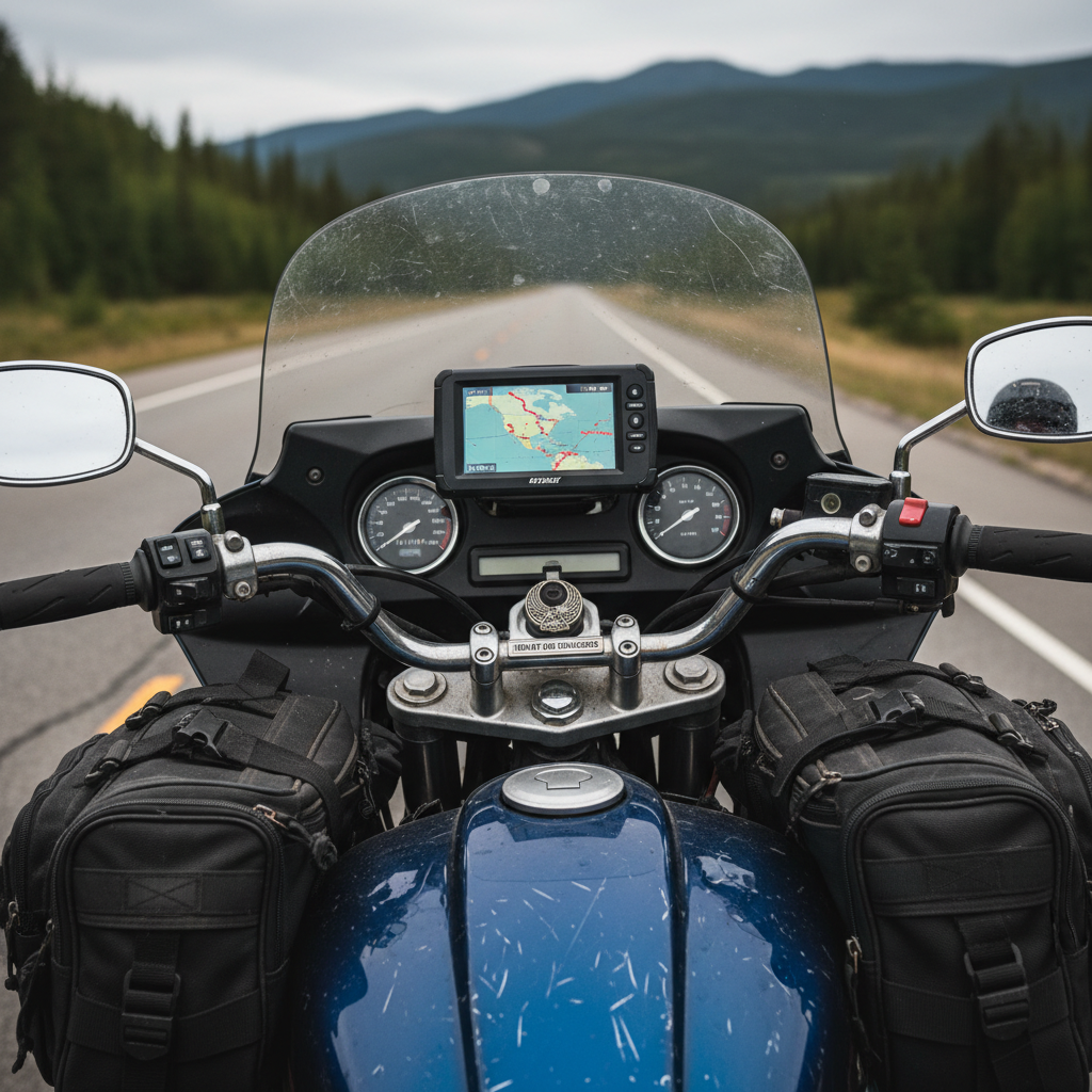A close-up, photographic image of a long-distance touring motorcycle dashboard, showing an illuminated GPS route of North America, analog gauges with high mileage readings, and a small logo badge for a grueling motorcycle challenge mounted near the handlebars. The bike’s tank is a deep metallic blue with subtle scratches and road wear, framed by rugged tank bags. Soft, overcast daylight filters across the cockpit, reducing glare on the screens while highlighting textures of rubber grips and brushed metal. Shot from the rider’s perspective with shallow depth of field, the background highway and distant landscape blur into bokeh, creating a focused, professional, and determined mood fitting a serious endurance ride.